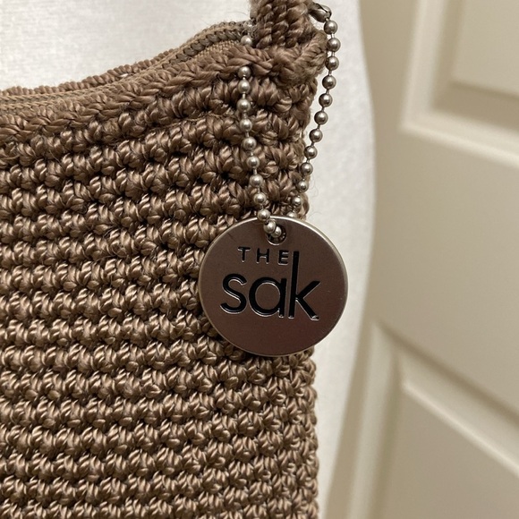 The Sak Double Handle Crochet Purse hand bag shoulder bag beige zipper top small - Picture 5 of 16